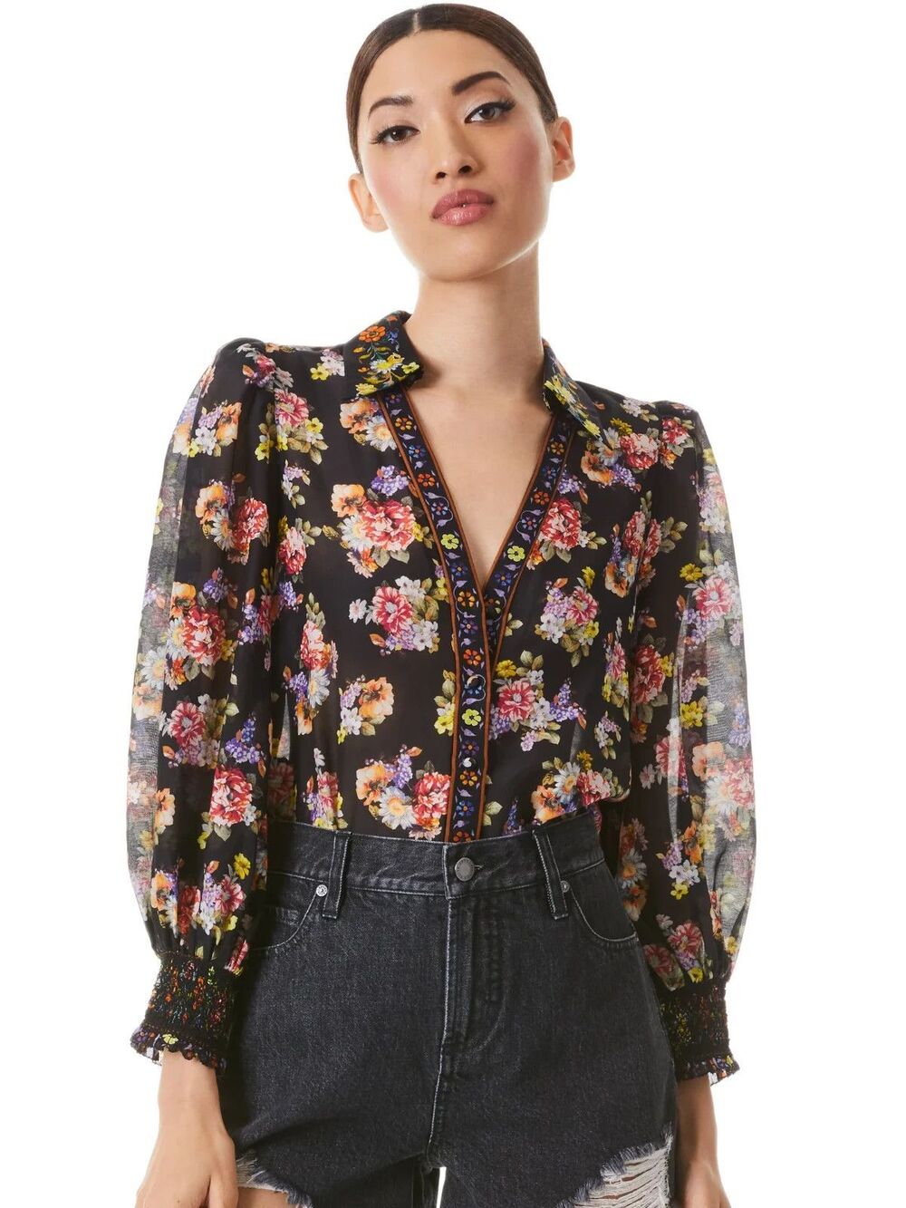 Alice + Olivia Cosima Magnolia Floral Black Cotton Silk Blouse Top Size M